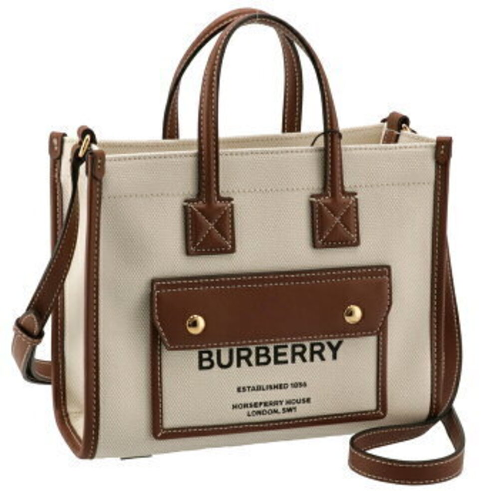 Burberry Tote Bag Two Tone Canvas Leather Freya Brown Tan